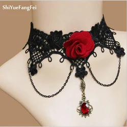 Fashion Handmade Gothic Lolita Black Lace Bracelet Fringe Beads Vintage Hollow Big Rose Punk Wedding Jewelry