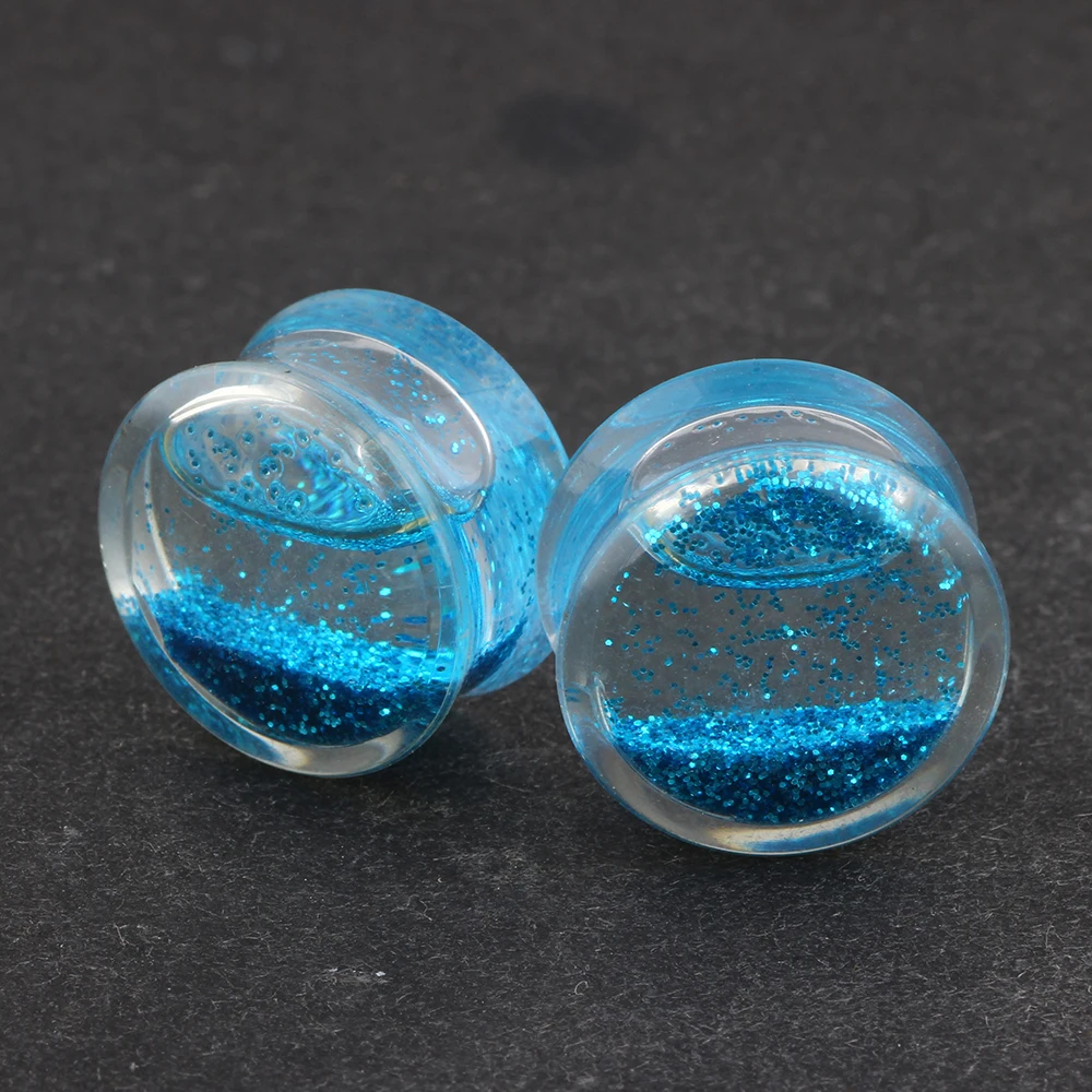 JUNLOWPY 2pcs Acrylic Liquid Blood Glitter Ear Tunnels Plugs Double Flared Ear Stretcher Saddle Plugs Gauge Piercing Body Kit