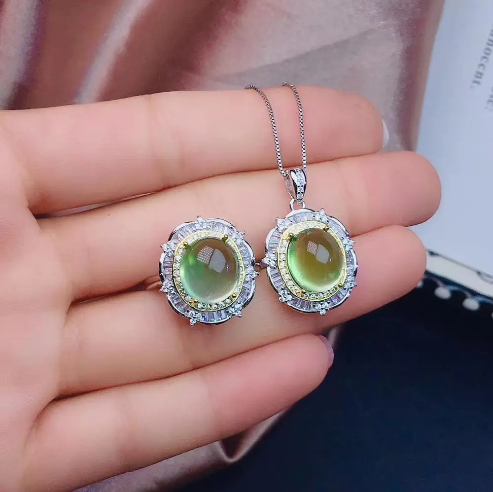 grape colour natural Prehnite gemstone ring and necklace jewelry set with 925 silver for women