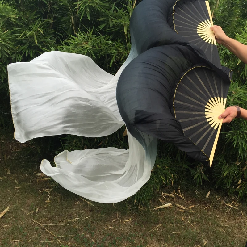 Heiß verkaufte schwarz/weiß gemischte Bauchtanz 180 echte Seide Fan Schleier gefärbte Farbe lange tanzende Fans cm Länge