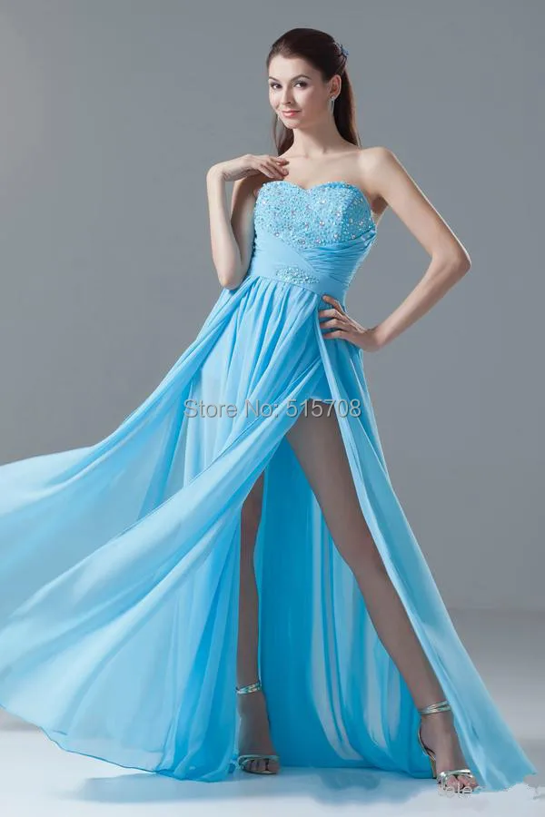 Elegant Long Prom Dresses Chiffon Strapless Backless Floor Length Side Slit Sweetheart Charming Evening Prom Dresses