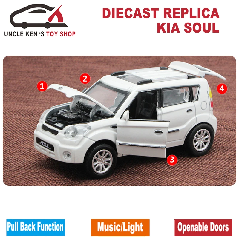 Diecast Kia Soul Scale Model Car, Kids Metal Brand Toys Collection Gift With Openable Door/Pull Back Function/Music/Light