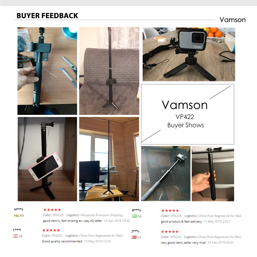 Vamson for Gopro Accessories Tripod Monopod Adjustable Selfie Stick for GoPro Hero 8 7 6 5 for Xiaomi Yi SJCAM for Phone VP422