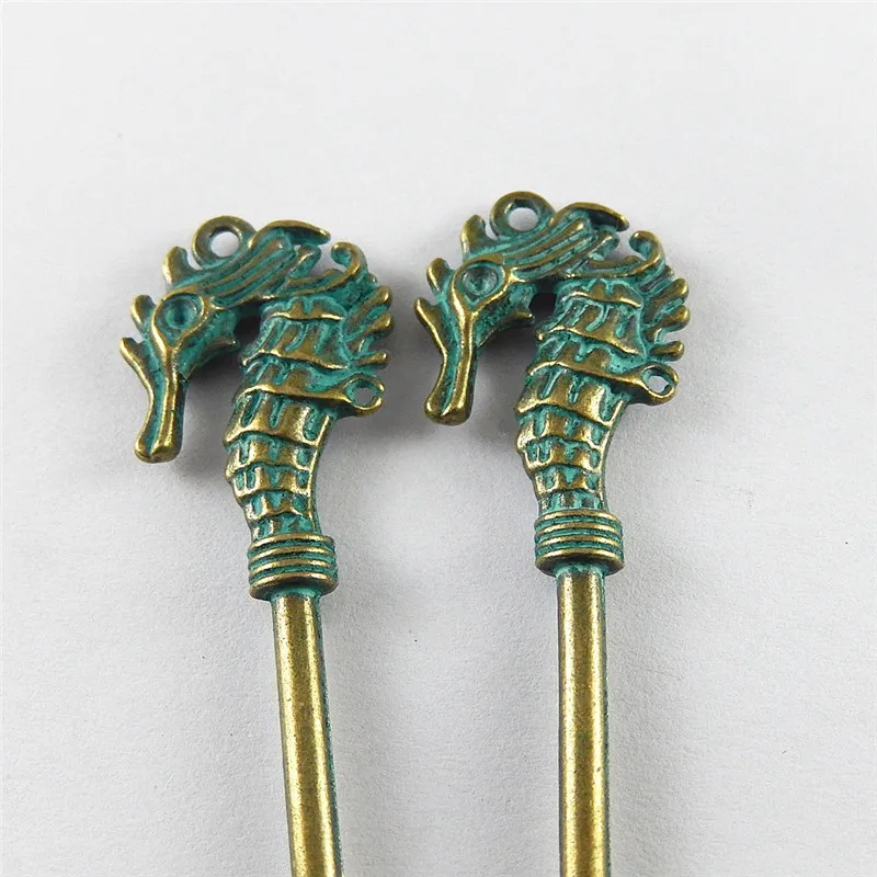 Julie Wang 10PCS Antique Green Bronze Charms Simulated Sea Horse Key Pendants Suspension Jewelry Findings Necklace Accessories