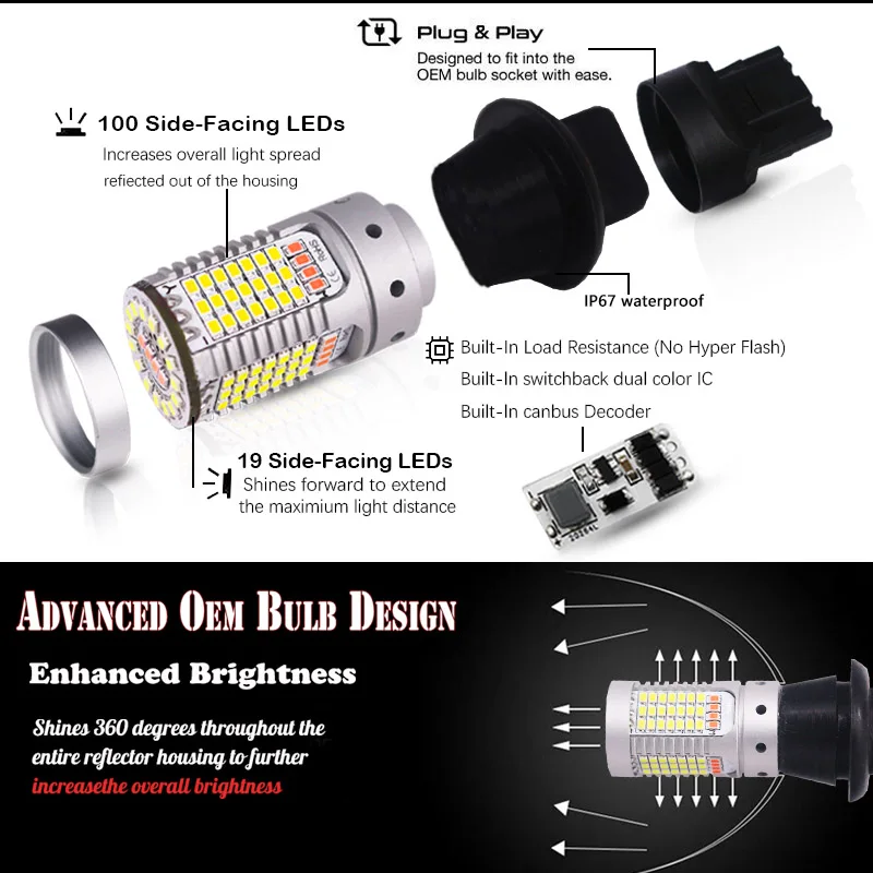 iJDM Car T20 LED White/Red Dual-Color Canbus W21W 7440 led Bulbs For 16-up Chevy Camaro Backup Reverse Lights & Rear Fog Lamp