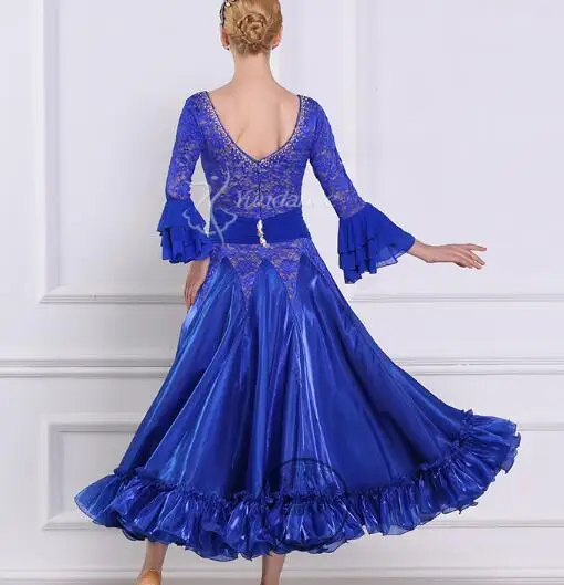 blue lace rhinestone customize custom back cutout  standard ballroom Waltz tango Fox trot Quick step Ballroom Modern competitio