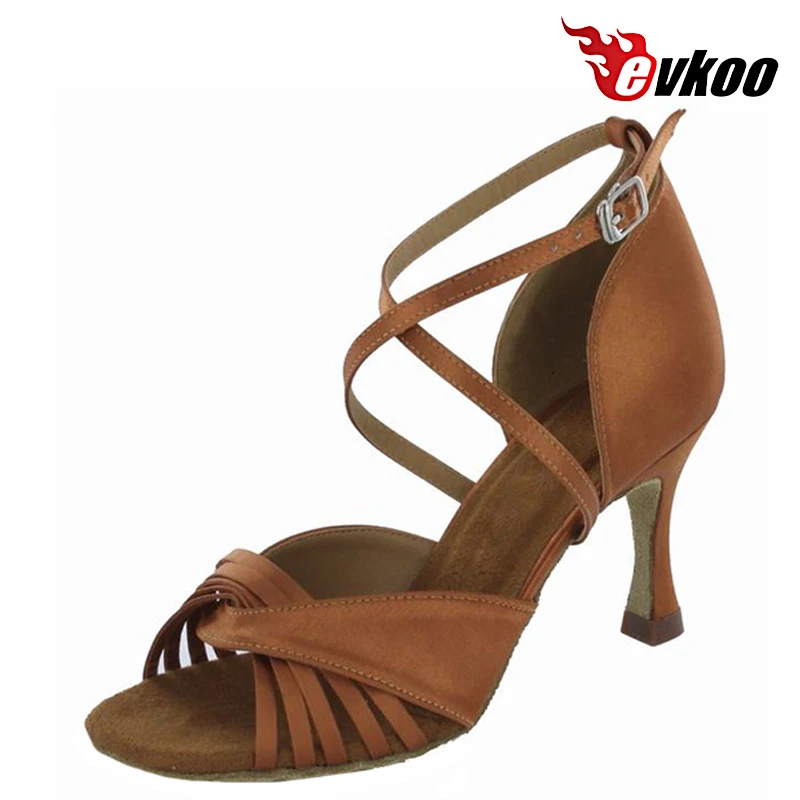 Evkoodance-zapatos de baile latino para mujer, calzado con tacón de 7cm, color negro tostado, Material satinado, para Salsa, diseño Popular con correa en X, Evkoo-240 personalizado