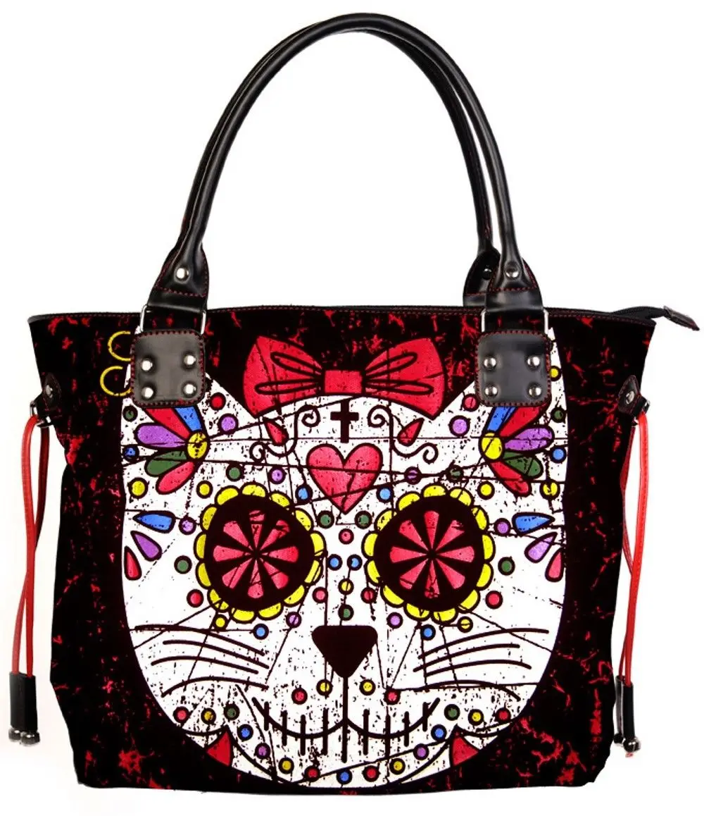 Women Lady Girl Sugar Skull Cat Candy Handbag School Shoulder Bag Gothic Punk Rockabilly