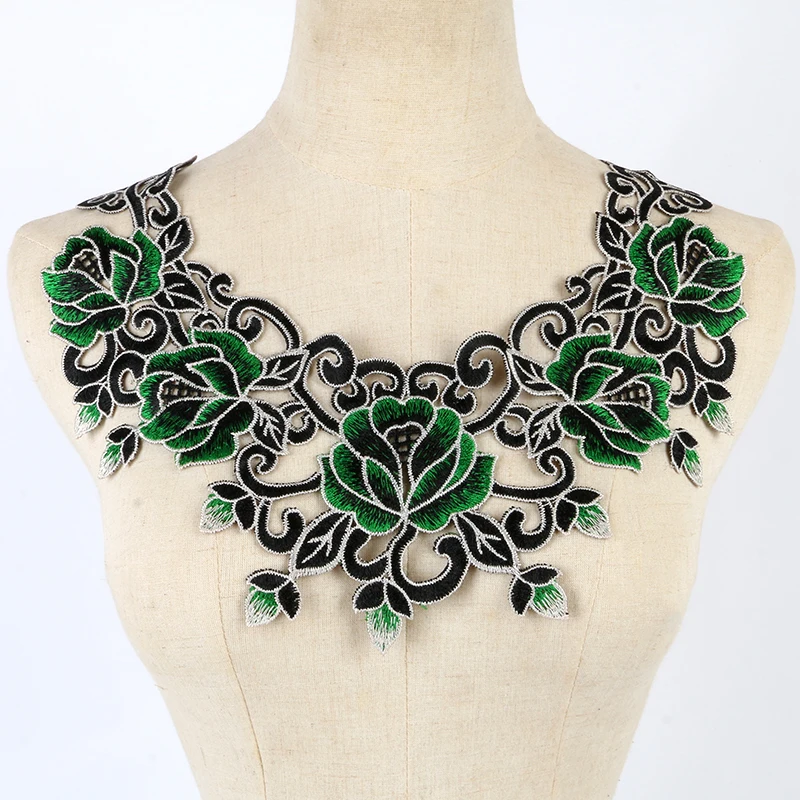 Aplique de tela de cuello de encaje Floral verde, bordado DIY, costura artesanal, álbum de recortes, NL023