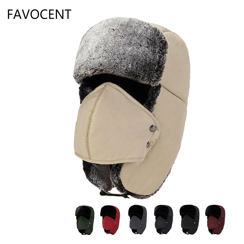 Winter Bomber Hats Pilot Cap Fur Earflap Snow Caps Warm Hat Sports Face Mask for Men and Women Bike Helmet Beanies Masked Cap