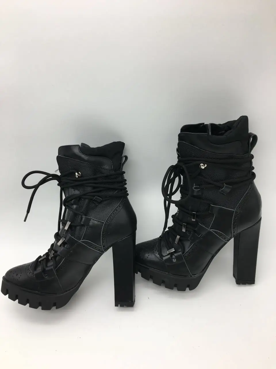 Sestito Women Cool Black Cross-tied Platform Motorcycle Boots Ladies Square High Heels Ankle Boots Girls Real Leather Shoes