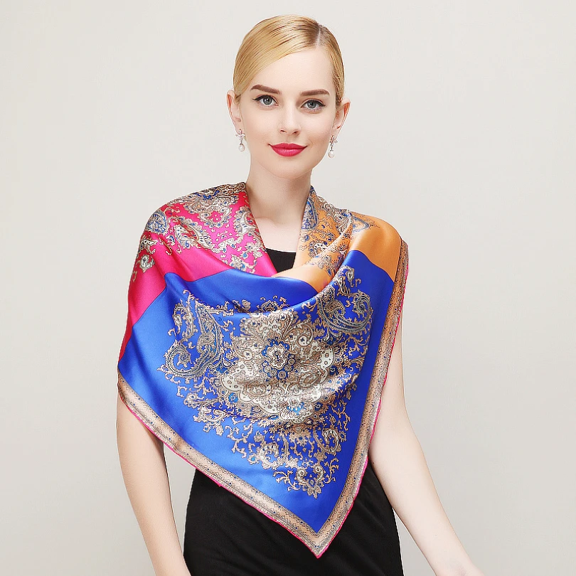 Fashion Royal Style Blue Pink Silk Scarf New Europe America Brand Large Square Scarves Luxury Hot Stamping Women Scarf Shawl