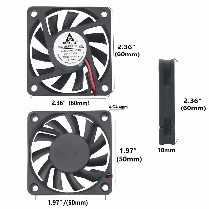 2 Pieces Gdstime 2Pin 5V DC 6cm 60x60x10mm CPU Brushless Cooling Cooler Fan 60mm 6010