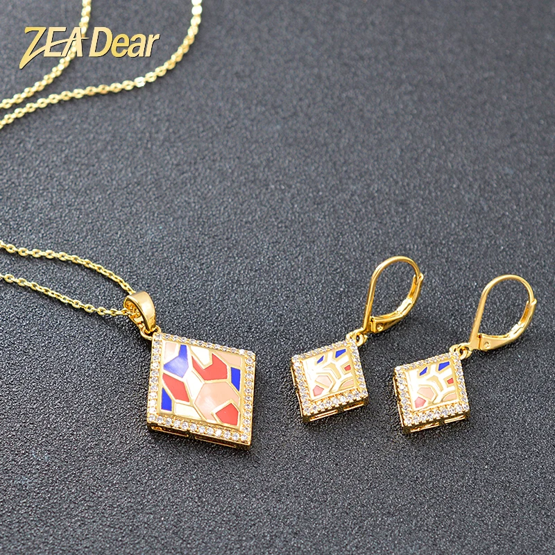 

Diana baby Jewelry Trendy Square Jewelry Set For Women Earrings Necklace Pendant Cubic Zircon Enamel Colorful Party Jewelry Sets