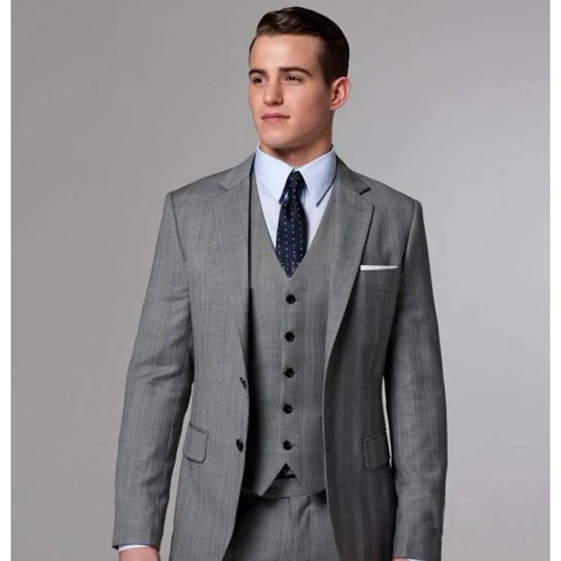 

High Quality grey costume homme terno Groom Tuxedos Groomsmen Mens Wedding Suits slim fit men suit ( jacket+Pants+vest)