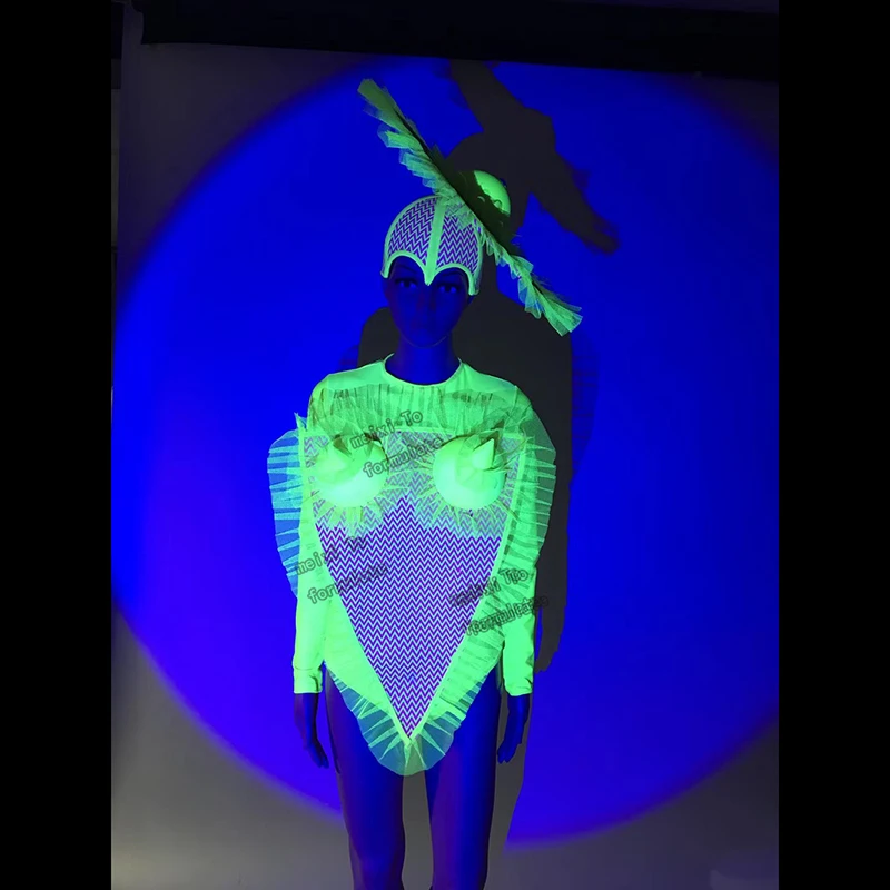 Fluorescent yellow mickey C series conjoined + headdress elastic conjoined bar nightclub concert singer dancer costume