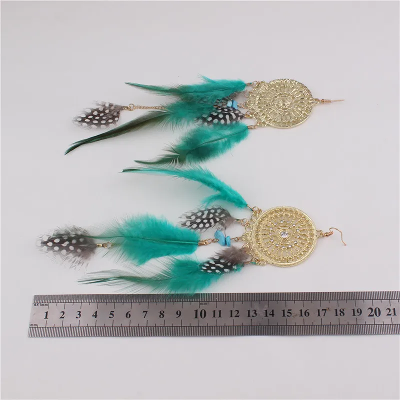 New Design Big Bohemian Ethic Real Feather Clip on Earrings for Women Elegant Gold Color Round Rhinestone Long Pierced Earrings