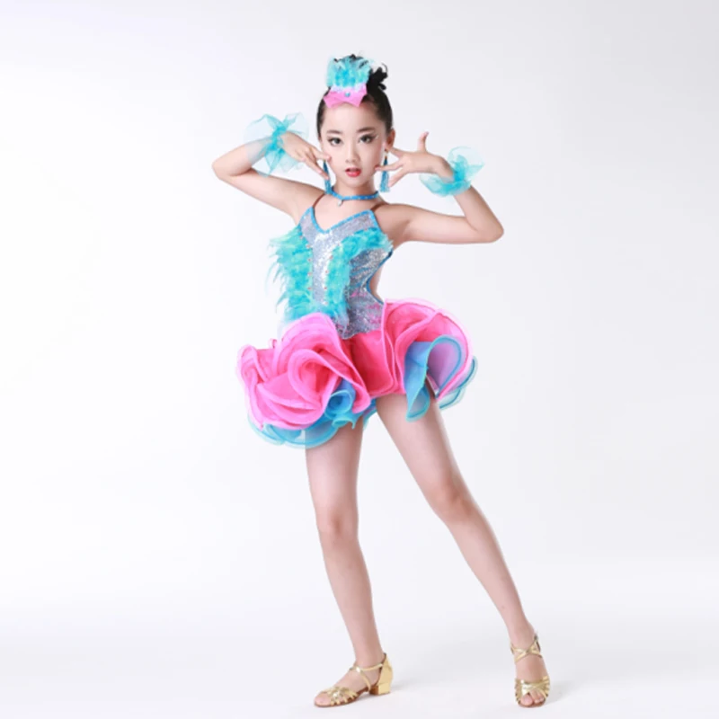 Children\'s professional Latin dance performance clothing bright diamond tassel Latin dance skirt children Latin game clothing