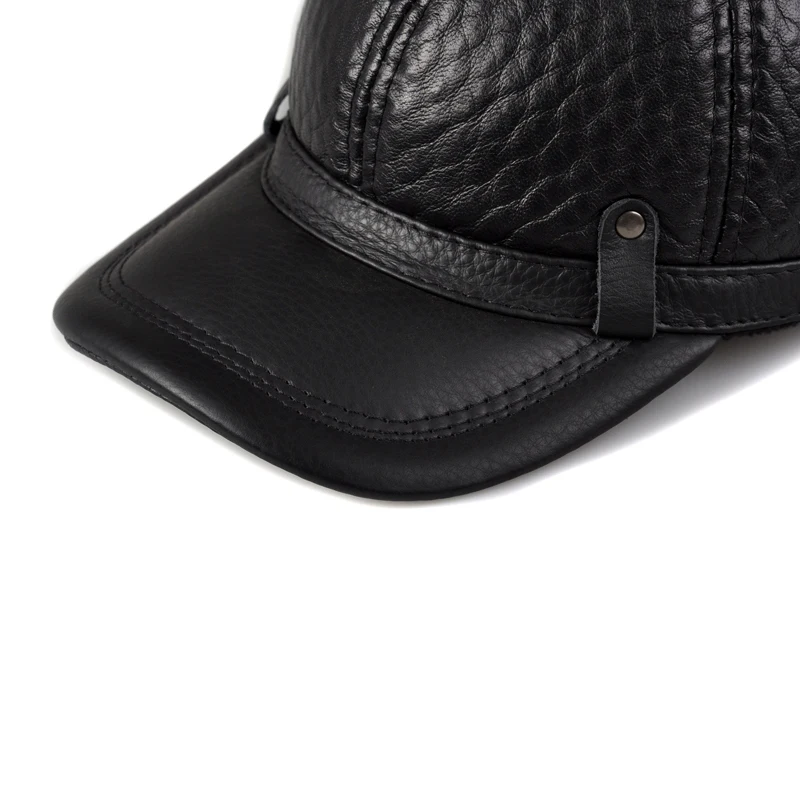 RY131 Male 2023 Spring/Winter Genuine Leather Cowhide Head Protection Baseball Caps Black Plaid Embossing Adjustable Hat For Man