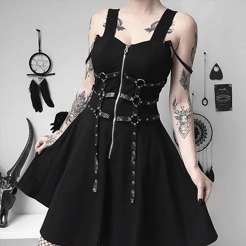 Gothic Rock Punk Gothic Black Chest PU Eyelet Web Zipper Pleated Sleeveles Sling Dress Women Clothes Night Club Party Dresses