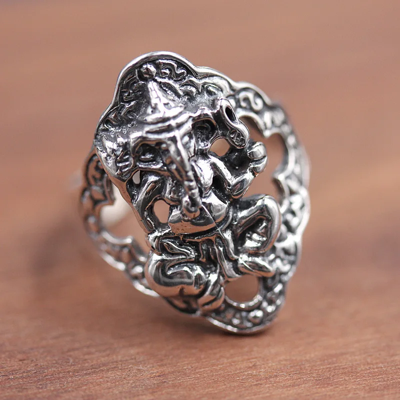 100%925 Silver Rings Personality Male Rings Old Thai Silver Carved Elephant Head Ganesha Silver Ring Free Shipping