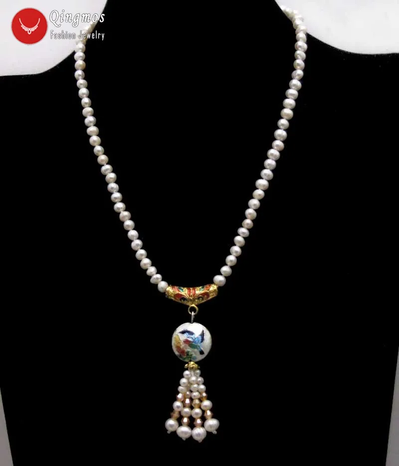 Qingmos Natural 5-6mm Round White Pearl Necklace for Women with 18mm White Cloisonne Tassel Pendant Necklace Fine Jewelry 18''