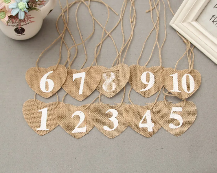 

1000pcs jute Hessian burlap Table Number heart cards from 1 to10 rustic wedding centerpieces decor vintage wedding decoration