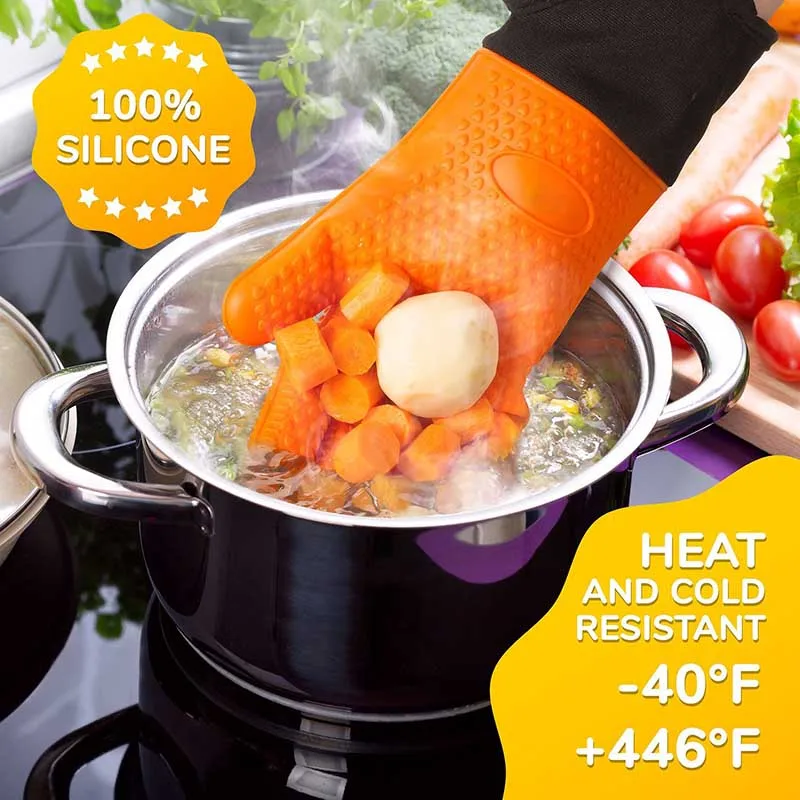 Long Thick Silicone Gloves Heat-resistant Non-slip Microwave Oven Mitts Kitchen BBQ Baking Cooking Canvas Stitching Oven Gloves