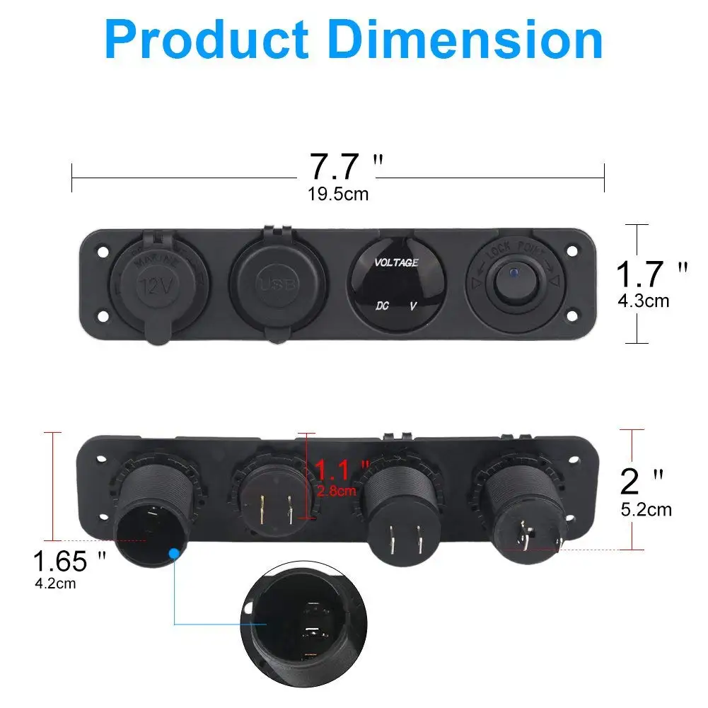 Painel de 4 buracos, carregador usb duplo de 4,2a, interruptor de acendedor de cigarro com voltímetro para rv, carro, barco, trailer, veículos, caminhão, iate