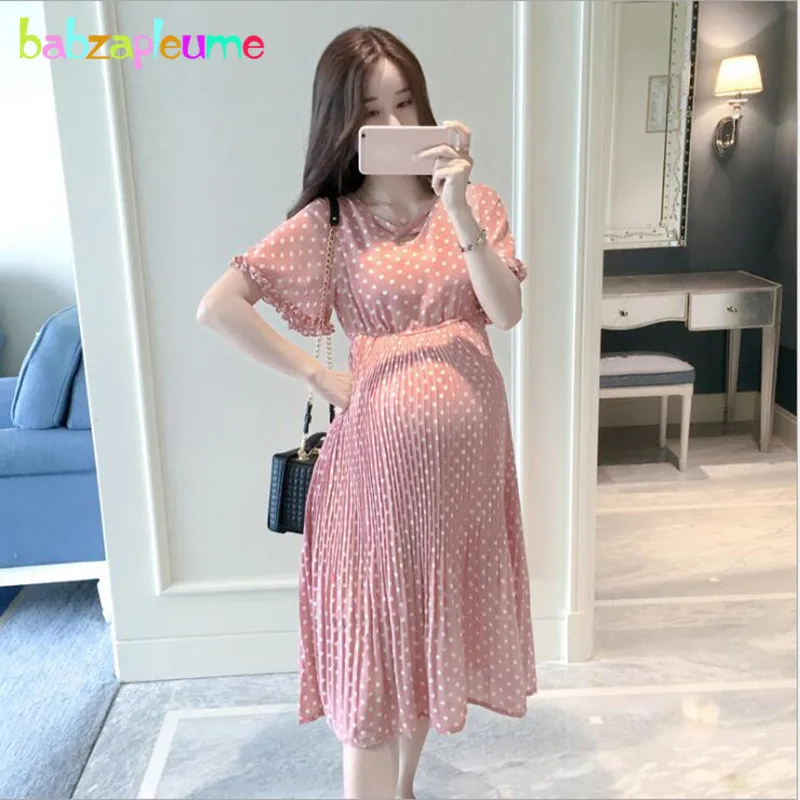 

Summer maternity wear clothes pregnant sexy dress korean fashion short sleeve dot Chiffon loose pink dresses for women BC1460