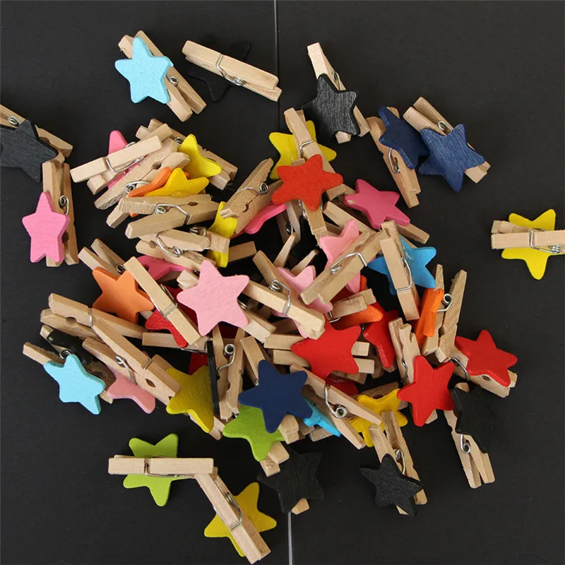 50pcs Colored Stars Mini Wooden Clothespin Craft Clips DIY Clothes Paper Peg Decorative Craft Photo Frame Clips Wedding Party