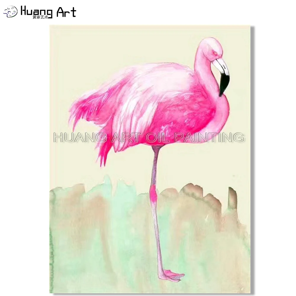 

High Quality Living Room Wall Decoration Handmade Beautiful Animals for Living Room Decor Canvas Pink Bird Flamingo Oil Painting