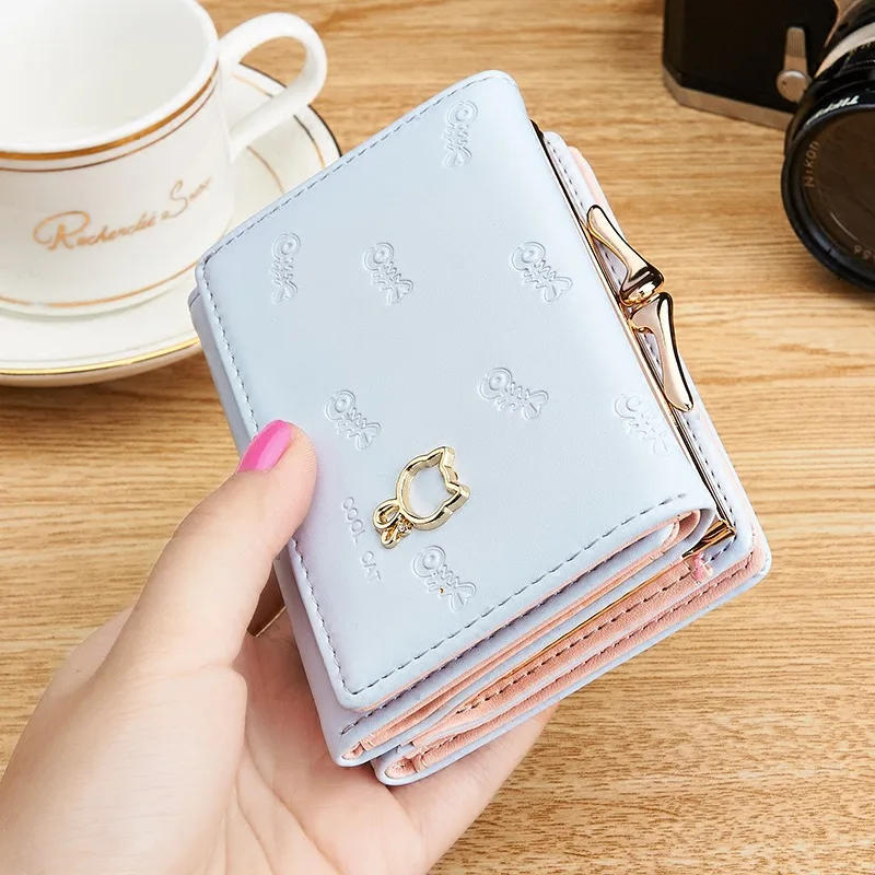 Lady Clutch Wallet Short Cat & Fish Design Money Purse Bag Female Small Fresh Wallets PU Leather Students Coin Pocket Bag