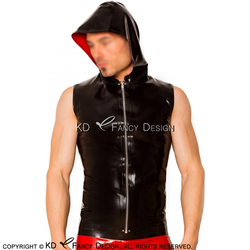 

Black And Red Tone Color Sexy Latex Shirts With Hoodies Zipper At Front Sleeveless Rubber Clothing Tops YF-0123