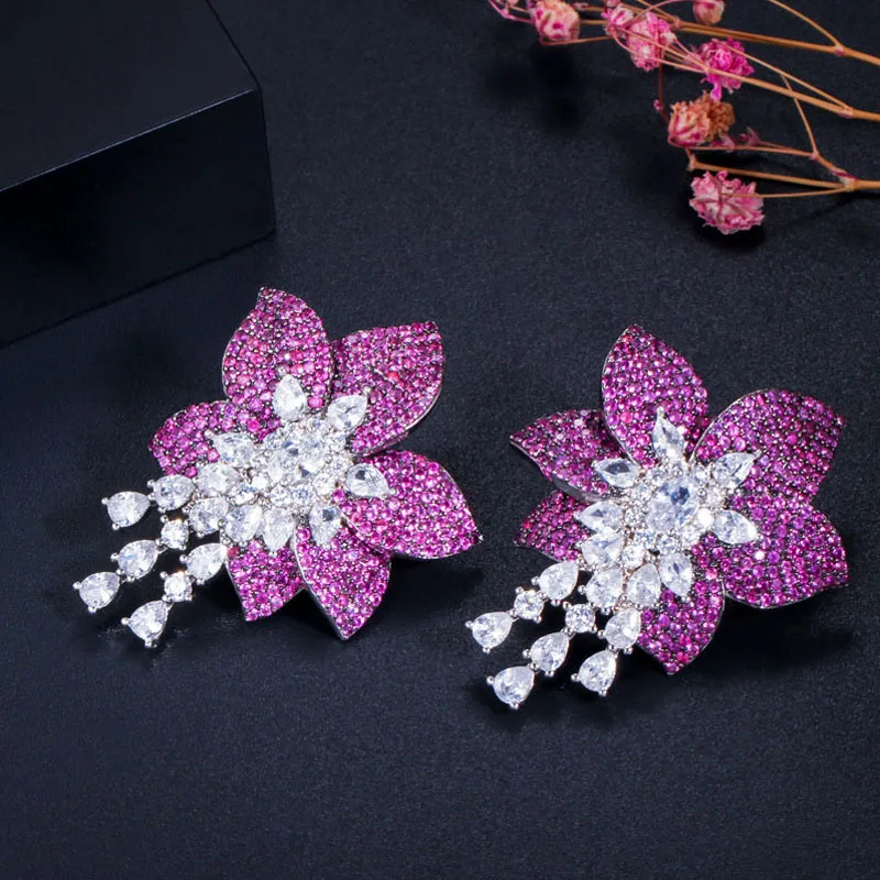 Pera eleganckie kobiety kolor srebrny biżuteria duże geometryczne Rose Red Flower Cubic cyrkon długie kolczyki wiszące dla pań Prom Party E369 — zdjęcie 5