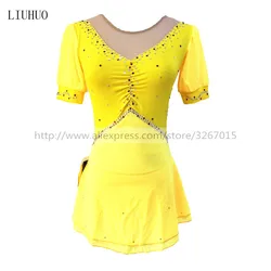 LIUHUO Women Girl Ice Figure Skating Dress Competition Performance Costume Dance Leotard Skirt Roller Adult Teen Yellow Children