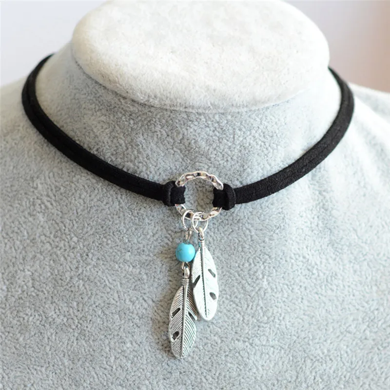 Velvet Choker Black Brown Leather Choker Necklace Antique  Color Feather Shape Charm Multilayer Chain Necklace