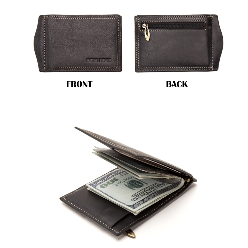 BISON DENIM Cow Leather Wallet Men Money Purse With Zipper Coin Pocket ID Card Genuine Leather Mini Purse For Men W9348