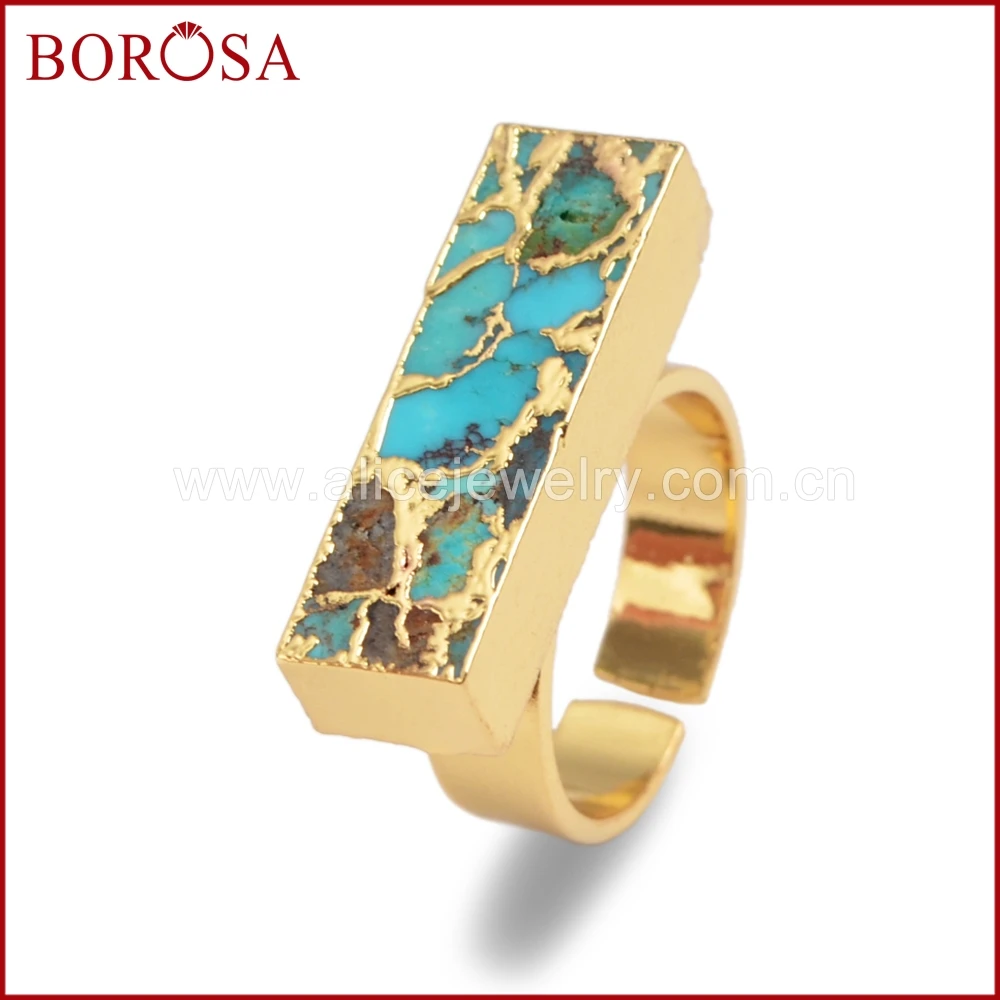 

BOROSA 5/10PCS Gold Color Natural Copper Turquoises Ring for Women Jewelry, New Arrival Natural Blue Stone Gems Stone Ring G1542