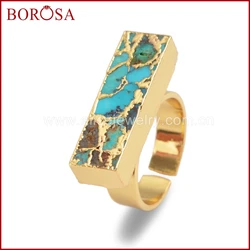 BOROSA 5/10PCS Gold Color Natural Copper Turquoises Ring for Women Jewelry, New Arrival Natural Blue Stone Gems Stone Ring G1542