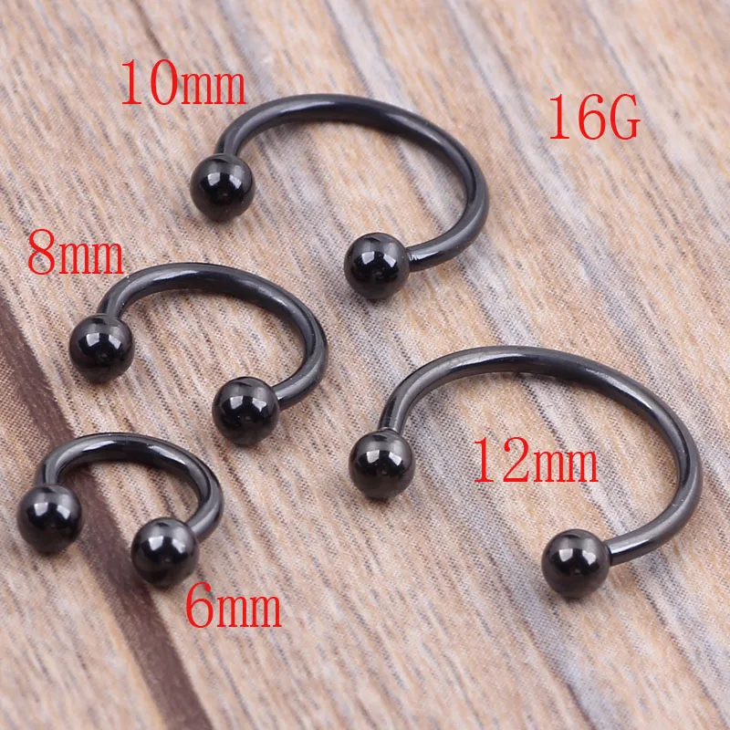 100pcs 1.2*6/8/10/12*3m Titanium Anodized Stainless Steel Black Circular Barbell Septum Piercing Balls Horseshoe Lip Nose Ring