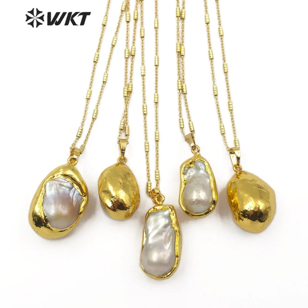 WT-JN063 Baroque Pearl Necklace Random Size Big Drop White Pearl With Gold Bezel Pendant Beach Wedding Jewelry