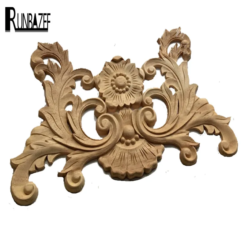 

RUNBAZEF European Style Solid Wood Paste Flowers Floral Carving Door Decorative Decals Dongyang Woodcarving Long Mei Flower