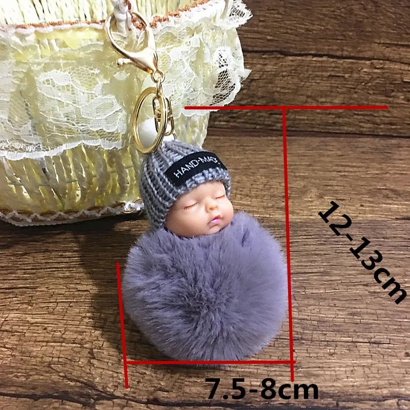 Fashion Sleeping Baby Doll Keychain Women Fluffy Pompom Key chain llaveros pom pom keyring Key Holder Bag Chaveiro Pompon Porte