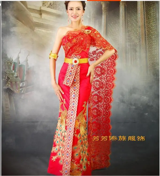 

Red Wedding Dresses Thailand Embroidery Peacock Thai Women Traditional Dress Vintage Summer