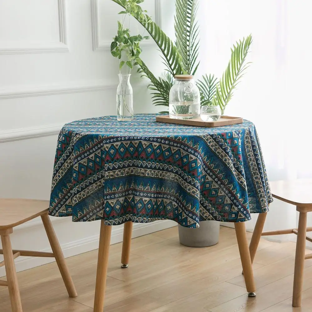 Blue Geometric Round Table cloth Bohemian print tablecloth Mediterranean style napkin cotton Linen coffee tablecloth Dia 150cm