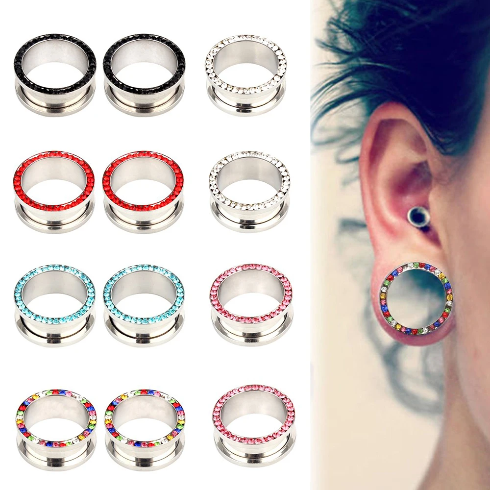 1pair Red Pink Color Crystal Zircon Ear Plugs and Tunnels Ear Piercings Oreja Screw Flesh Flare Ear Gauges Ear Expanders Jewelry