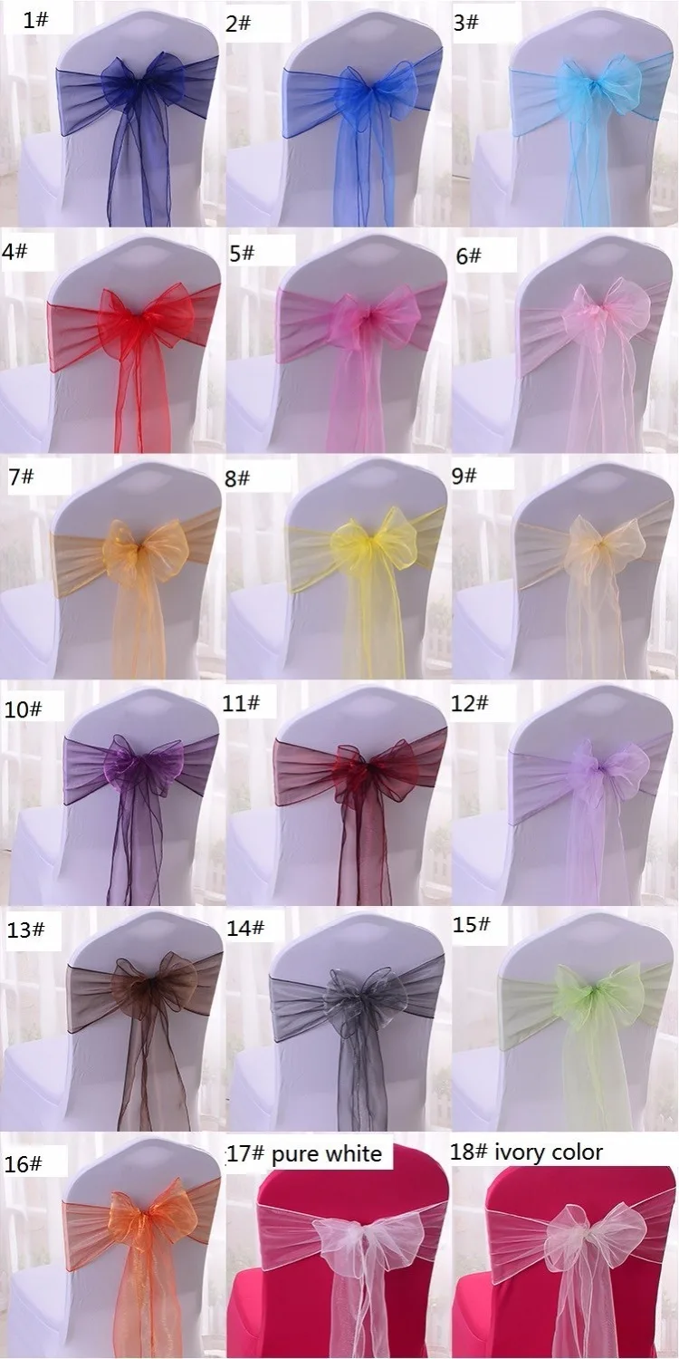 

Factory Supply 100 pcs Organza Sashes Chair Cover Fuller Bows Wider Sash Wedding Party Decoration 18 color for choose