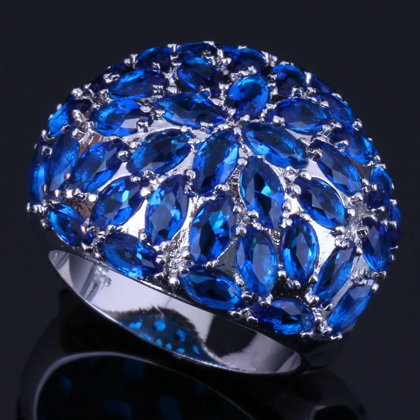 Fetching Huge Blue Cubic Zirconia Silver Plated Ring V0508