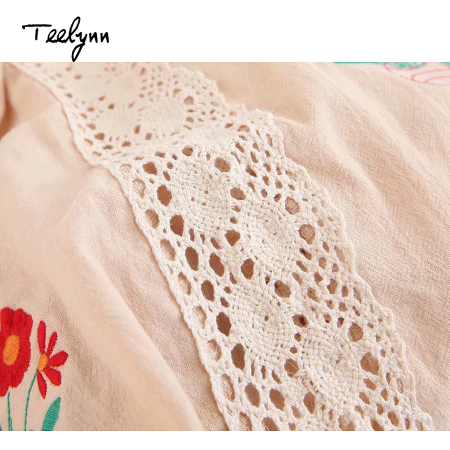 TEELYNN dài Boho Dress 2018 mới Cotton thêu hoa Cổ Vuông Nữ tay ngắn mùa thu áo chia ren nữ váy áo dây